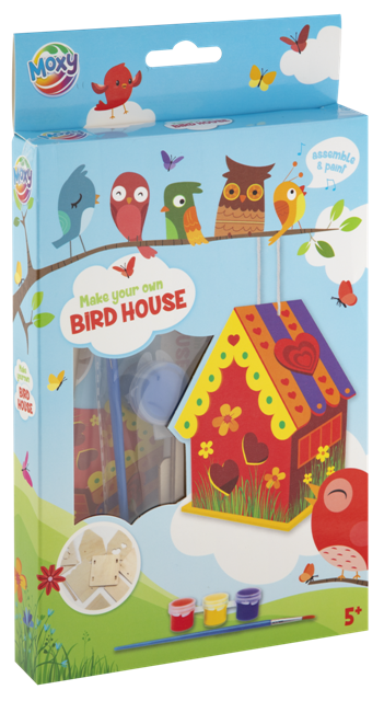 Mini Birdhouse wood incl. 3 paints & brush, 3 ass. assortment each