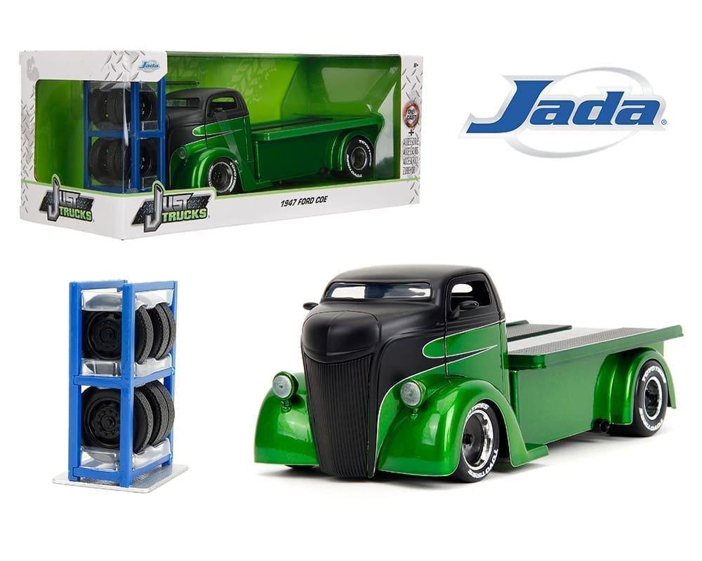 Ford COE - Candy Green and Matte Black - Just Trucks with Rack and Extra Wheels 1947 1/24