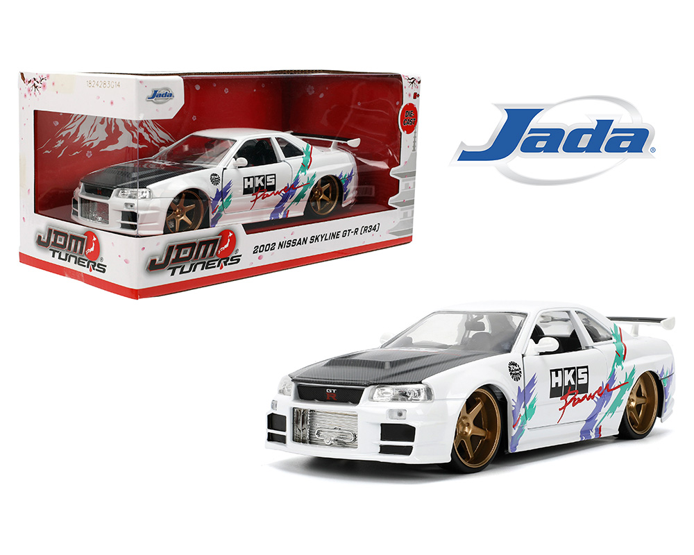 Nissan Skyline GT-R (R34) - White with Carbon Fiber Hood and HKS Graphics - JDM Tuners 2002 1/24