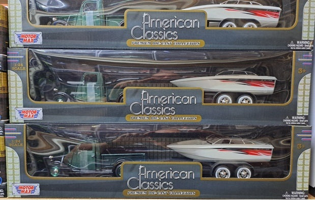 FORD PU WITH SPEED BOAT TRAILER GREEN 1937 1/24