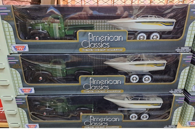 PLYMOUTH TRUCK WITH SPEED BOAT TRAILER GREEN 1941 1/24